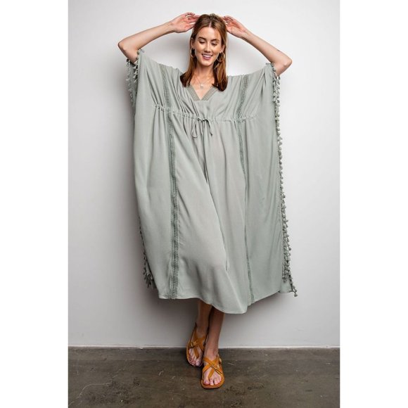 easel Dresses Easel Sage Blue Dolman Sleeves Deep V Neck Loose Fit